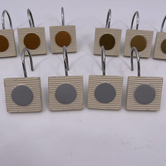 Set of 12 Shower Curtain Hooks Silver Bronze Gold Dot Squares Decorative Bath - Picture 4 of 7